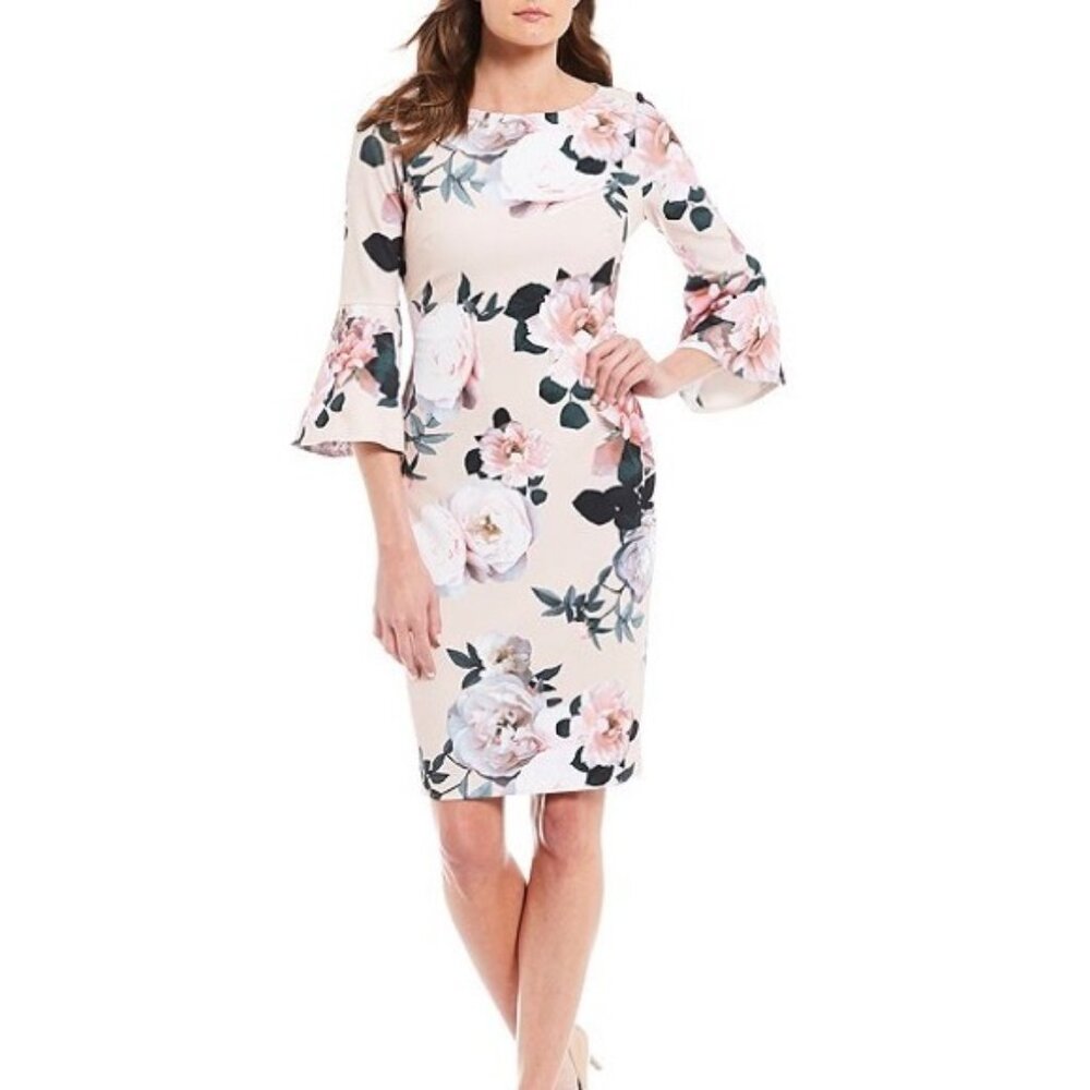 CALVIN KLEIN Floral 3/4 Bell-Sleeve Scuba Crepe Sheath Dress